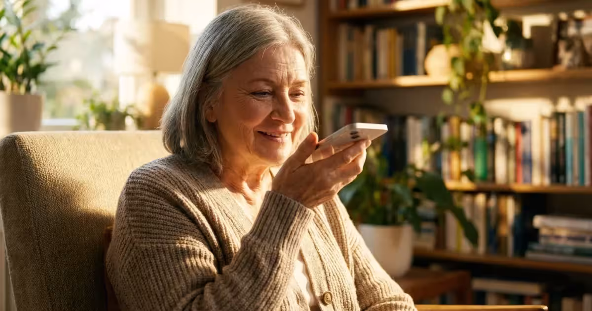A senior woman smiling while talking to her iPhone in a bright, cozy living room.