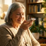 A senior woman smiling while talking to her iPhone in a bright, cozy living room.