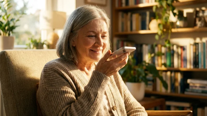 A senior woman smiling while talking to her iPhone in a bright, cozy living room.