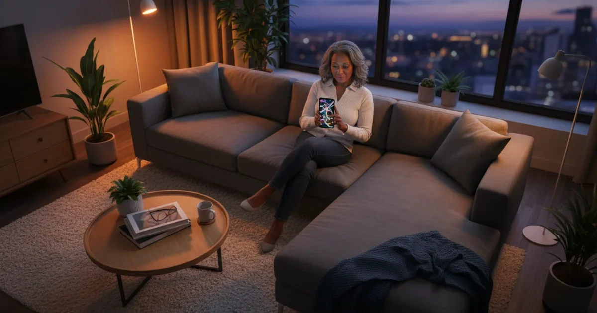 A high-angle view of an African American senior woman relaxing on a sofa in a modern living room, holding a smartphone. Soft, warm light from smart bulbs creates inviting shadows.