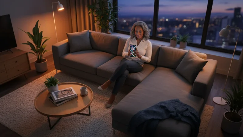 A high-angle view of an African American senior woman relaxing on a sofa in a modern living room, holding a smartphone. Soft, warm light from smart bulbs creates inviting shadows.