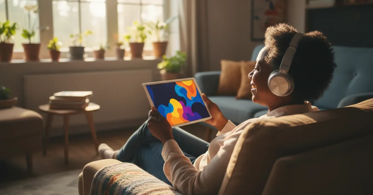 A senior woman in an armchair, seen from over her shoulder, smiling and wearing headphones while holding a tablet with a colorful screen in natural light.