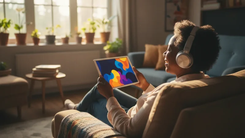 A senior woman in an armchair, seen from over her shoulder, smiling and wearing headphones while holding a tablet with a colorful screen in natural light.