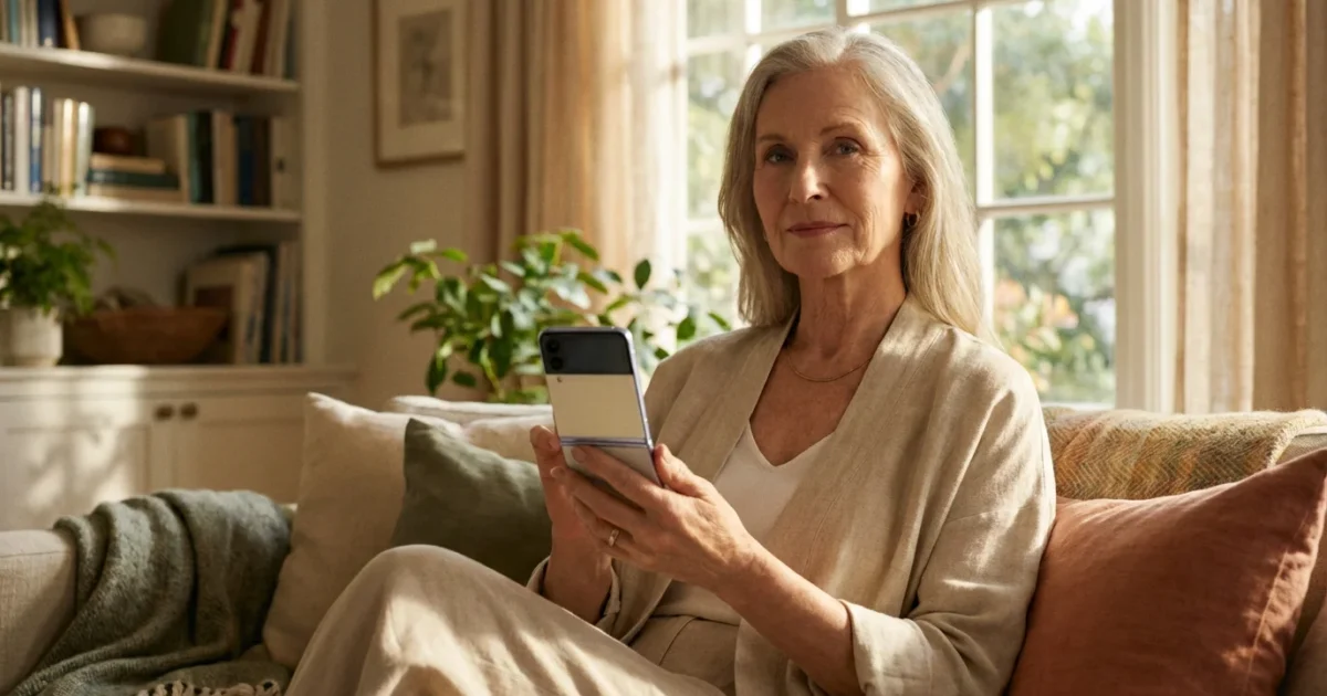 A senior woman smiling while holding a silver flip phone in a bright, warm living room.