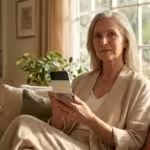 A senior woman smiling while holding a silver flip phone in a bright, warm living room.