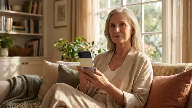 A senior woman smiling while holding a silver flip phone in a bright, warm living room.