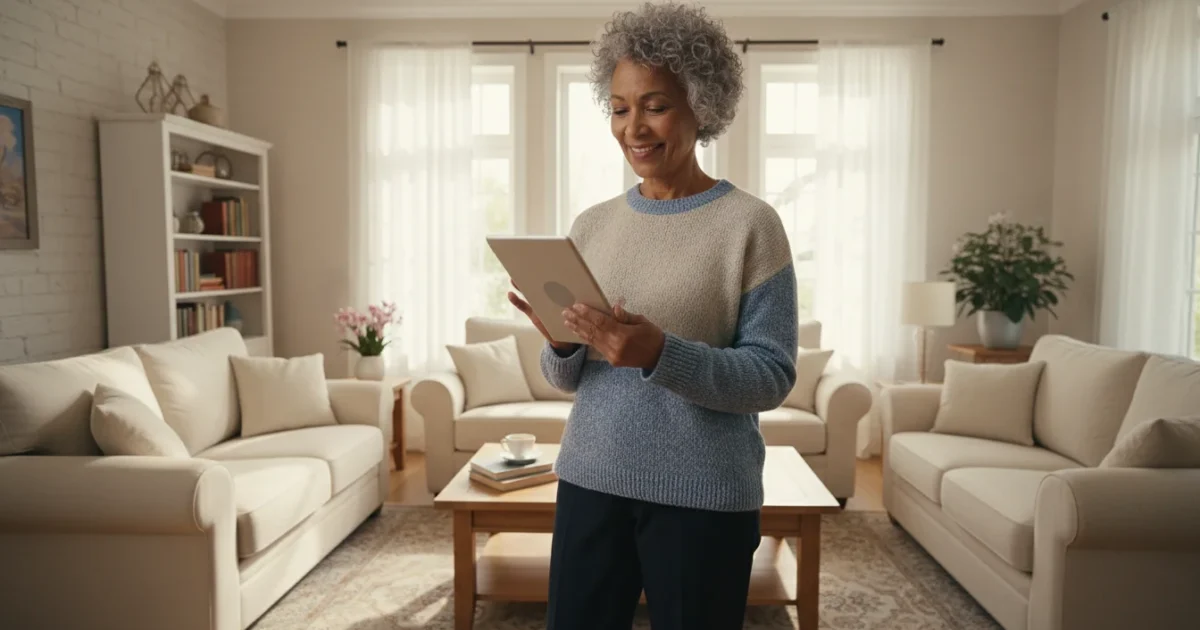 A senior woman in her 60s smiles gently while holding a generic tablet device, seen from a low angle. Warm natural light creates soft shadows in the cozy living room setting.