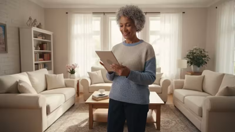 A senior woman in her 60s smiles gently while holding a generic tablet device, seen from a low angle. Warm natural light creates soft shadows in the cozy living room setting.