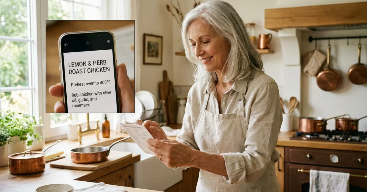 A senior woman using her smartphone's magnifier to read a recipe card in a bright kitchen.