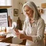 A senior woman using her smartphone's magnifier to read a recipe card in a bright kitchen.