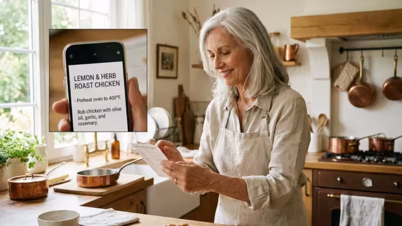 A senior woman using her smartphone's magnifier to read a recipe card in a bright kitchen.