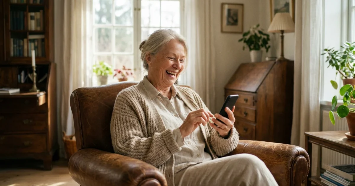 A senior woman smiling while using her smartphone in a bright, cozy living room.