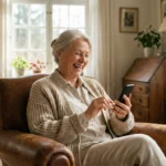A senior woman smiling while using her smartphone in a bright, cozy living room.