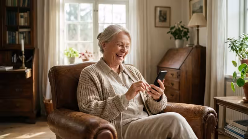 A senior woman smiling while using her smartphone in a bright, cozy living room.