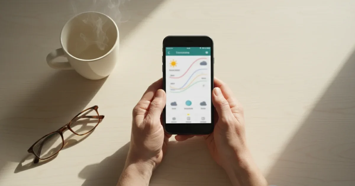 Overhead shot of a senior's hands holding a smartphone with a weather app, next to a coffee mug and glasses on a wooden table.