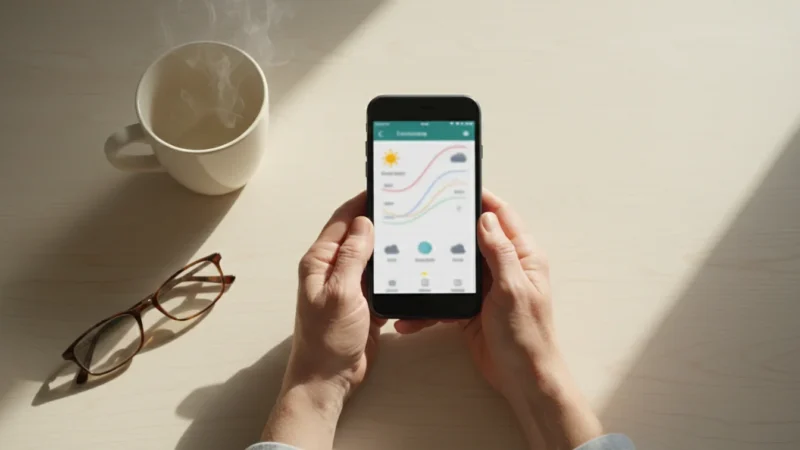 Overhead shot of a senior's hands holding a smartphone with a weather app, next to a coffee mug and glasses on a wooden table.