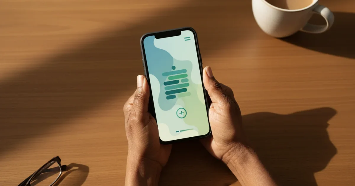 A senior Black woman's hands hold a smartphone showing a generic banking app, from a flat lay on a wooden table with soft morning light.