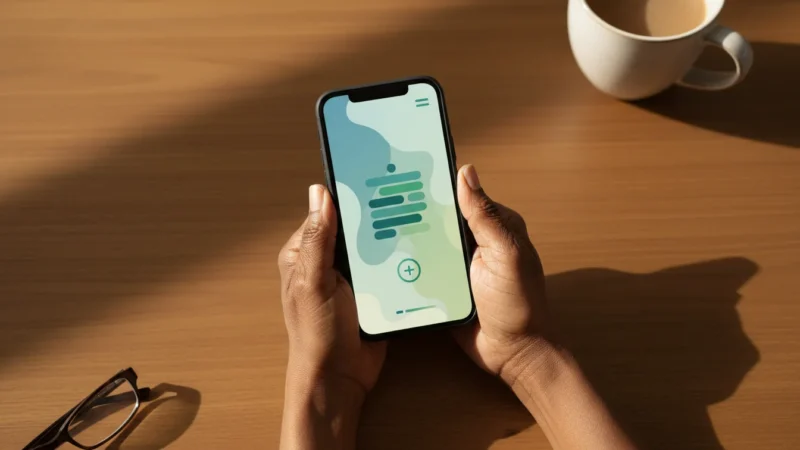 A senior Black woman's hands hold a smartphone showing a generic banking app, from a flat lay on a wooden table with soft morning light.