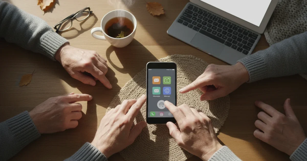A high-angle flat lay shot of a senior's hands on a wooden table, confidently using a smartphone. A blurred tablet is nearby.