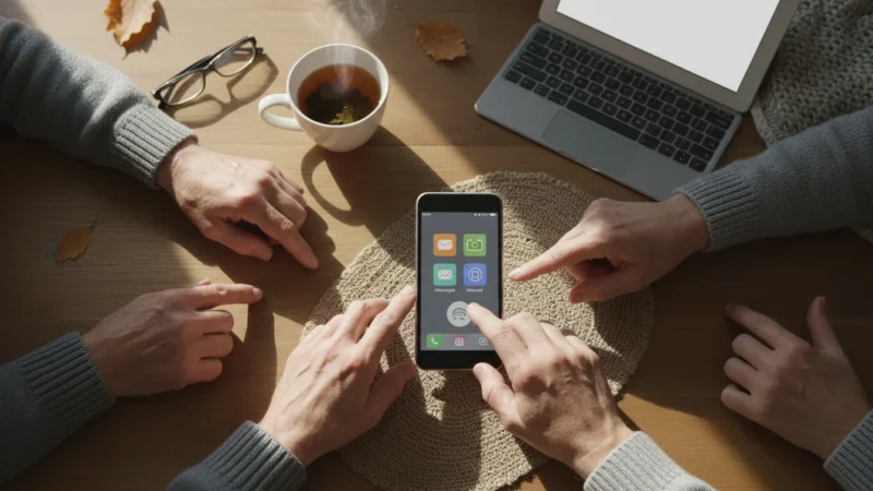 A high-angle flat lay shot of a senior's hands on a wooden table, confidently using a smartphone. A blurred tablet is nearby.