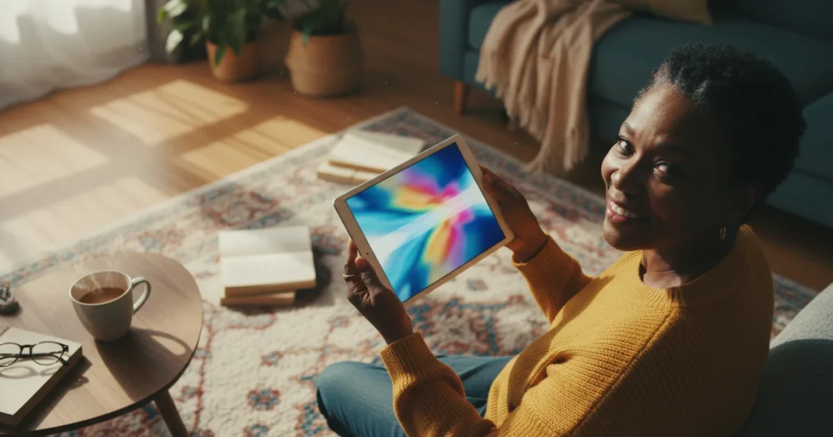 High-angle flat lay of an older Black woman's hands confidently holding a generic tablet showing blurred colorful video content in soft morning light.