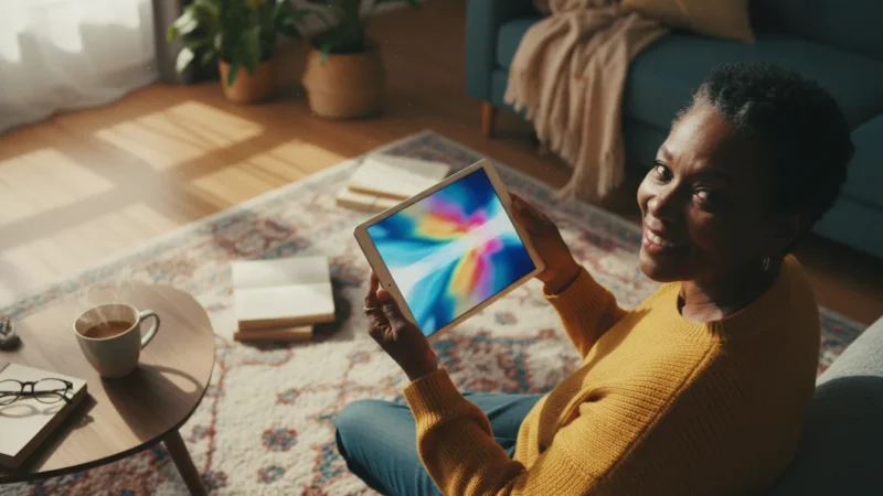 High-angle flat lay of an older Black woman's hands confidently holding a generic tablet showing blurred colorful video content in soft morning light.