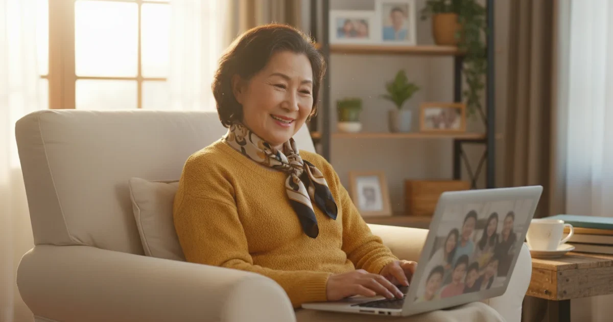 A senior East Asian woman in her 60s, smiling confidently while on a video call with family on a laptop in her warm living room.