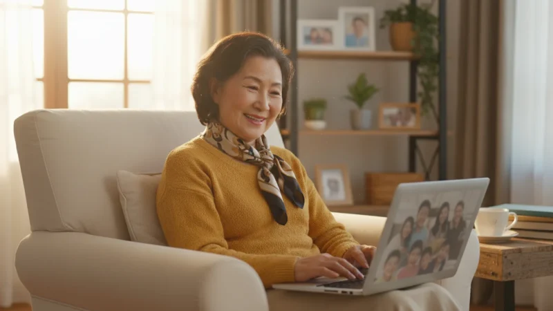 A senior East Asian woman in her 60s, smiling confidently while on a video call with family on a laptop in her warm living room.