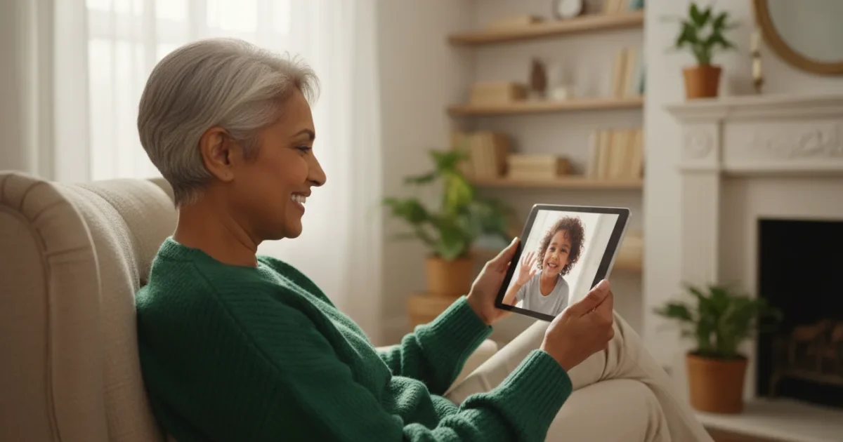 A smiling senior woman video calling her grandchild on a generic tablet in a bright living room, capturing a joyful family moment.