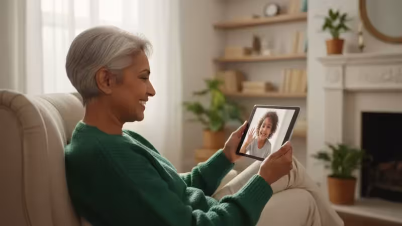 A smiling senior woman video calling her grandchild on a generic tablet in a bright living room, capturing a joyful family moment.