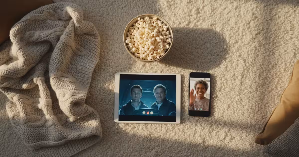 A flat lay photo showing a tablet with a movie playing, and a smartphone displaying a video call with a smiling senior woman, surrounded by popcorn and a blanket.