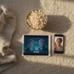 A flat lay photo showing a tablet with a movie playing, and a smartphone displaying a video call with a smiling senior woman, surrounded by popcorn and a blanket.