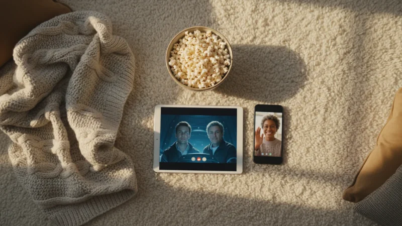 A flat lay photo showing a tablet with a movie playing, and a smartphone displaying a video call with a smiling senior woman, surrounded by popcorn and a blanket.