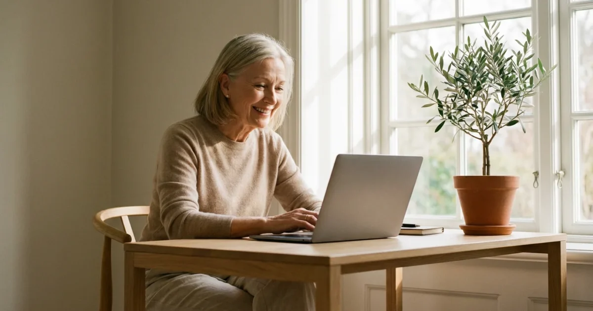 A senior woman smiling while using a laptop in a bright, sunlit room.