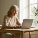 A senior woman smiling while using a laptop in a bright, sunlit room.