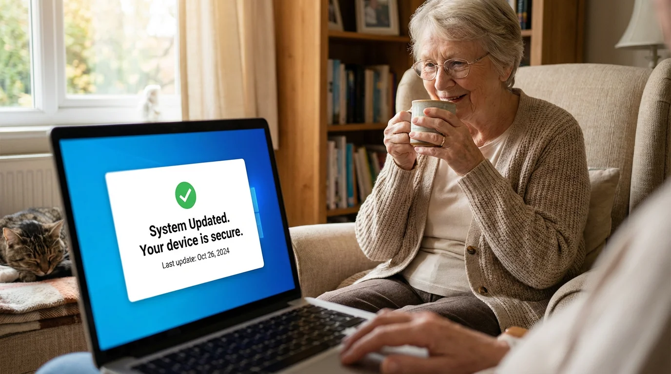 Laptop screen showing a successful update with a person in background.