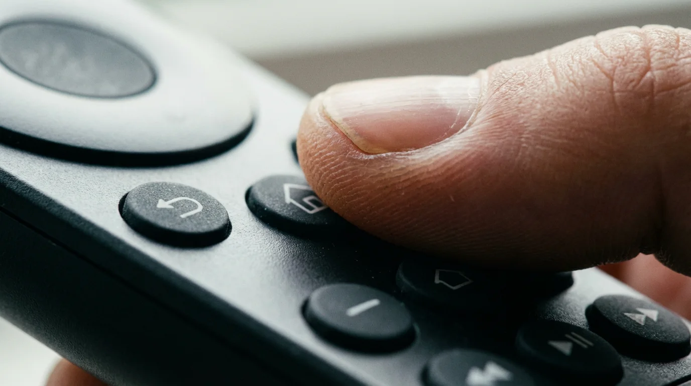 Macro shot of a person's thumb on the home button of a television remote.