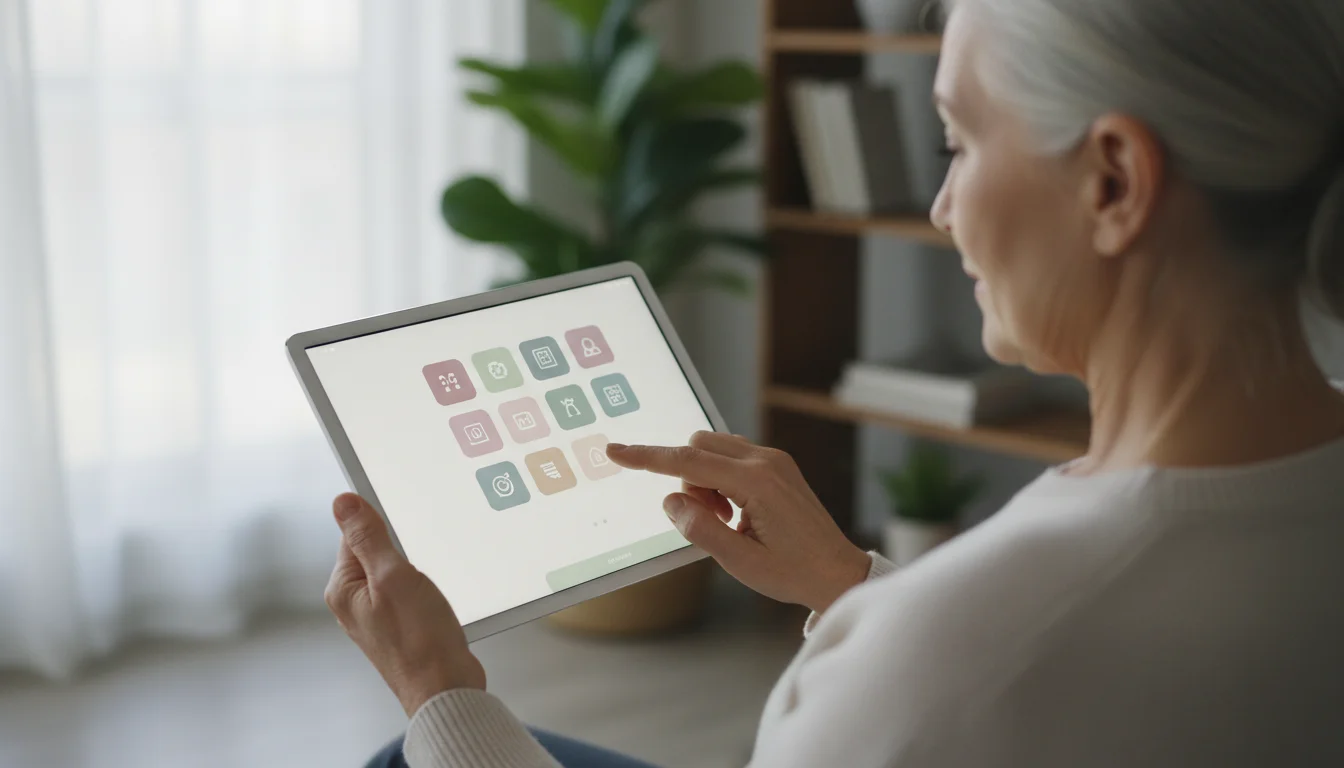 Over-the-shoulder view of a person using a tablet with a clean interface.