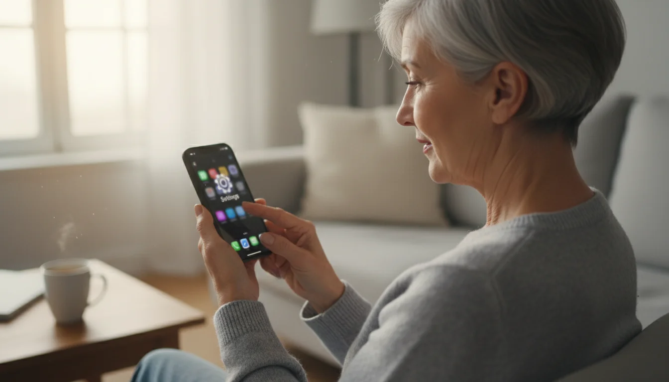 Over-the-shoulder view of a senior woman's hands using a smartphone, her finger hovering over a blurred gear icon on the screen.