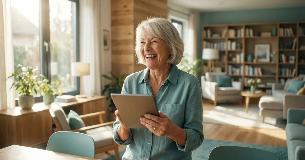 A smiling senior woman using a tablet in a bright, modern living room.