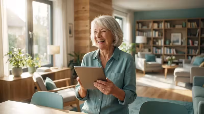 A smiling senior woman using a tablet in a bright, modern living room.