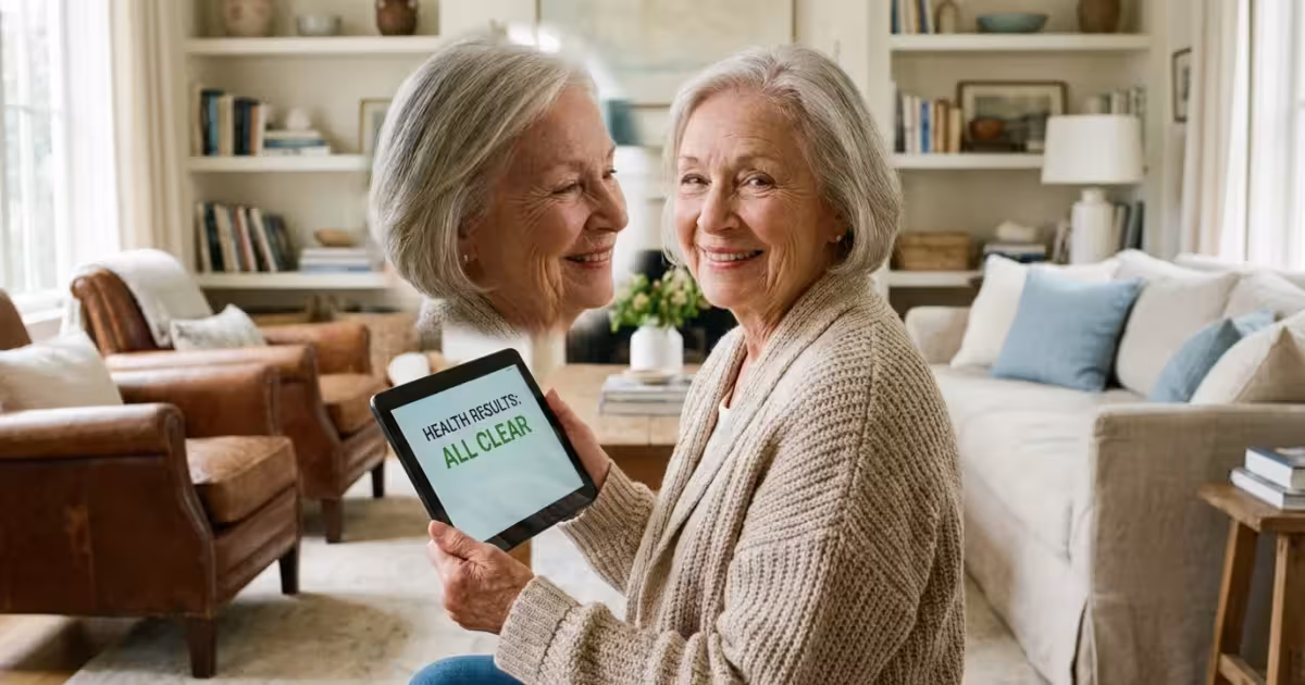 A smiling senior woman holding a tablet in a bright, warm living room.