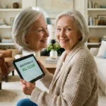 A smiling senior woman holding a tablet in a bright, warm living room.