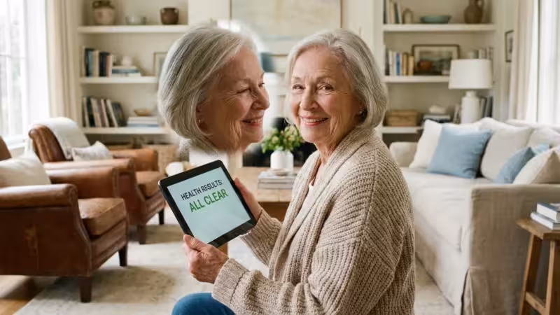 A smiling senior woman holding a tablet in a bright, warm living room.