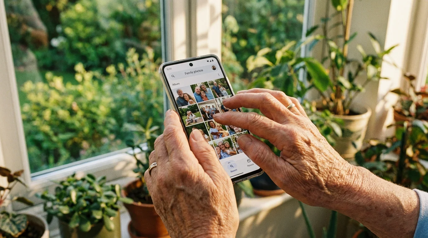 Senior hands using an Android smartphone in a sunlit room.