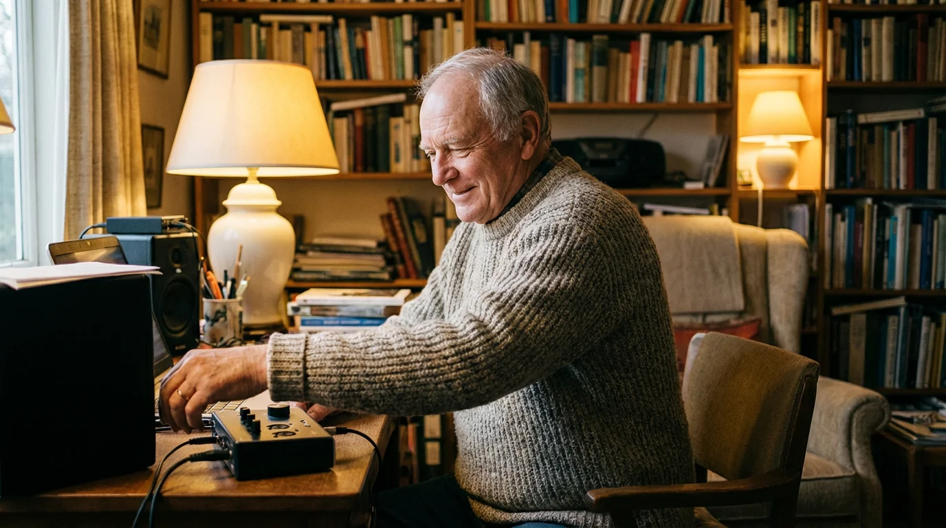 Senior man calmly unplugging a power cord from a device in a home office.