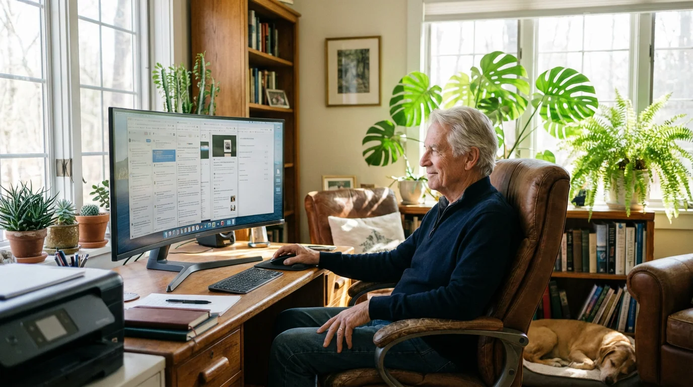 Senior man managing browser tabs on a computer in a bright office.
