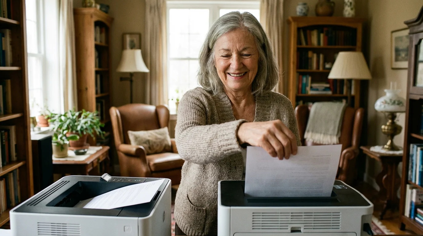 Senior woman picking up a printed paper from a home printer.