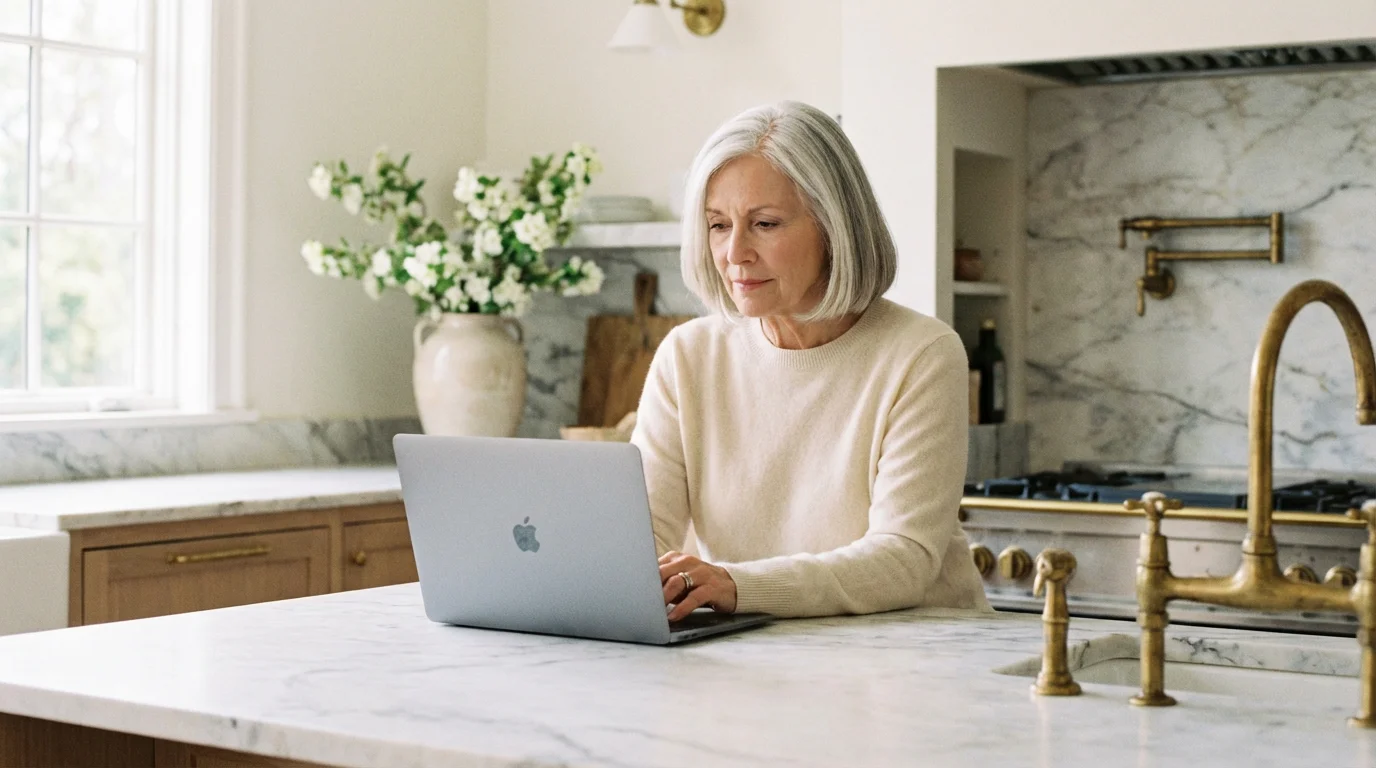 Senior woman using a Mac laptop in a sunlit, modern kitchen.