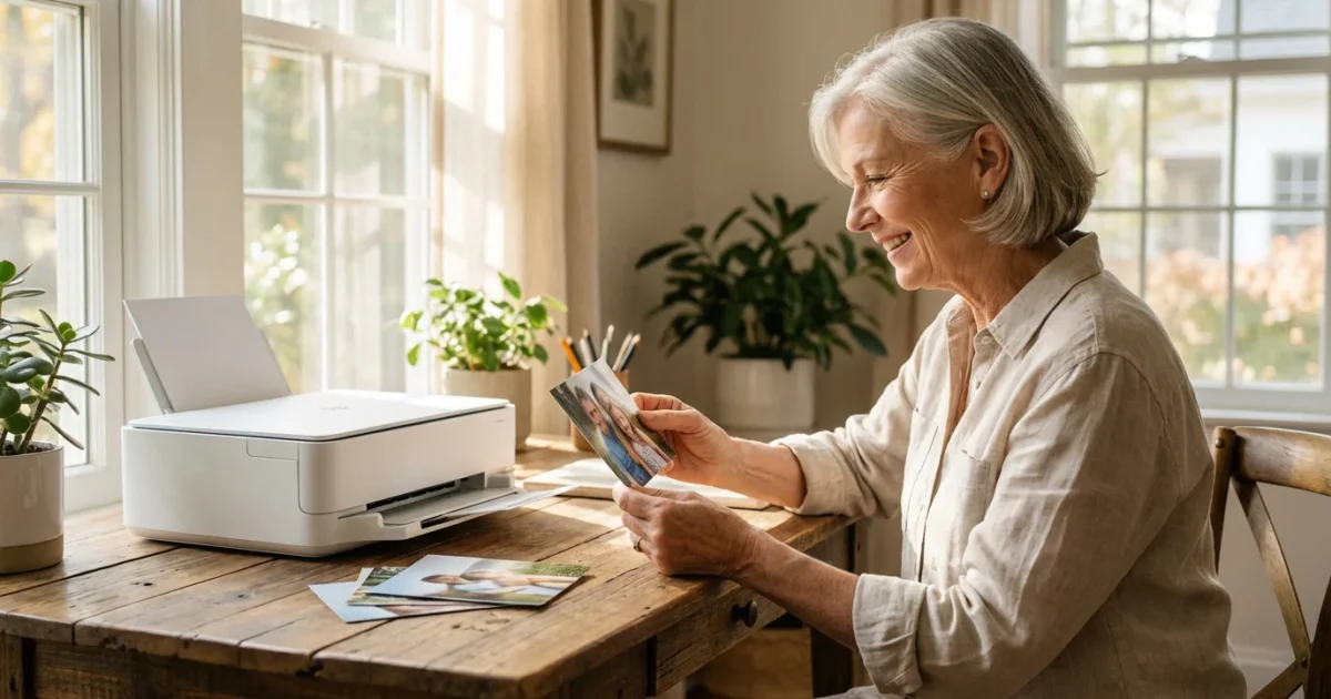 A senior woman smiling and holding a printed photo next to her wireless printer in a bright room.